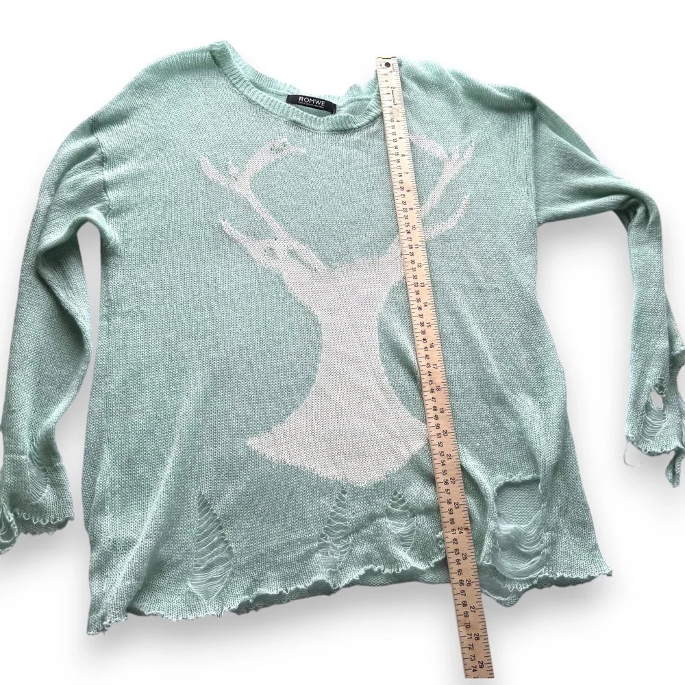 ROMWE mint distressed deer sweater sheer knit long sleeve